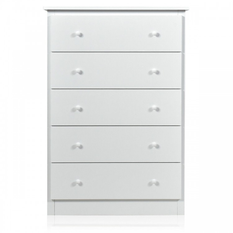 White 5-drawer dresser showing front view, featuring sturdy PB board construction and smooth surface for easy cleaning.