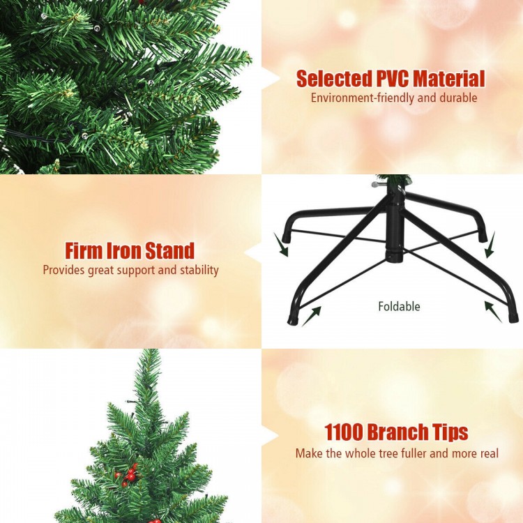 6.5 feet pre-lit Christmas tree with 1100 branch tips, 450 LED lights, and a sturdy iron stand for festive decoration.