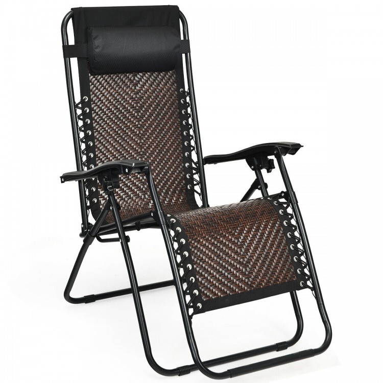 Folding patio rattan zero gravity lounge chair with a durable steel frame and removable head pillow for outdoor.