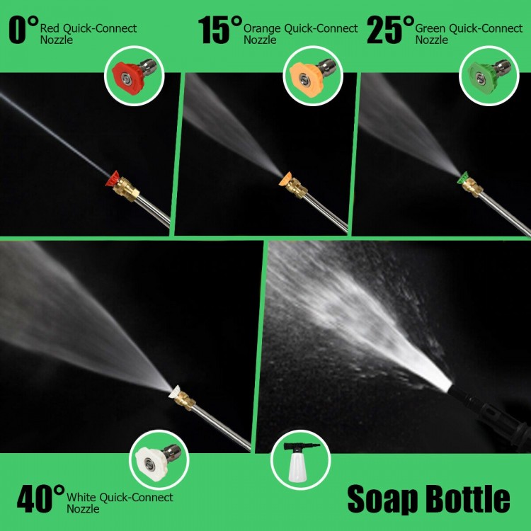 Various quick-connect nozzles and soap bottle for the 3500PSI electric pressure washer, ideal for versatile cleaning.