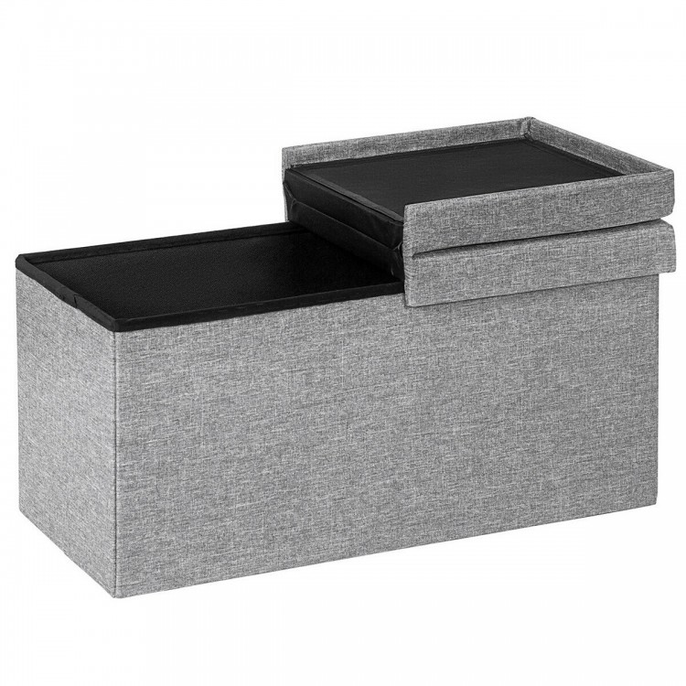 Light gray 30-inch folding storage ottoman with lift top, sturdy MDF construction, and spacious interior for organizing.