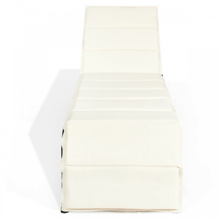 Adjustable white patio rattan lounge chair with removable cushion, perfect for outdoor relaxation by the pool or garden.