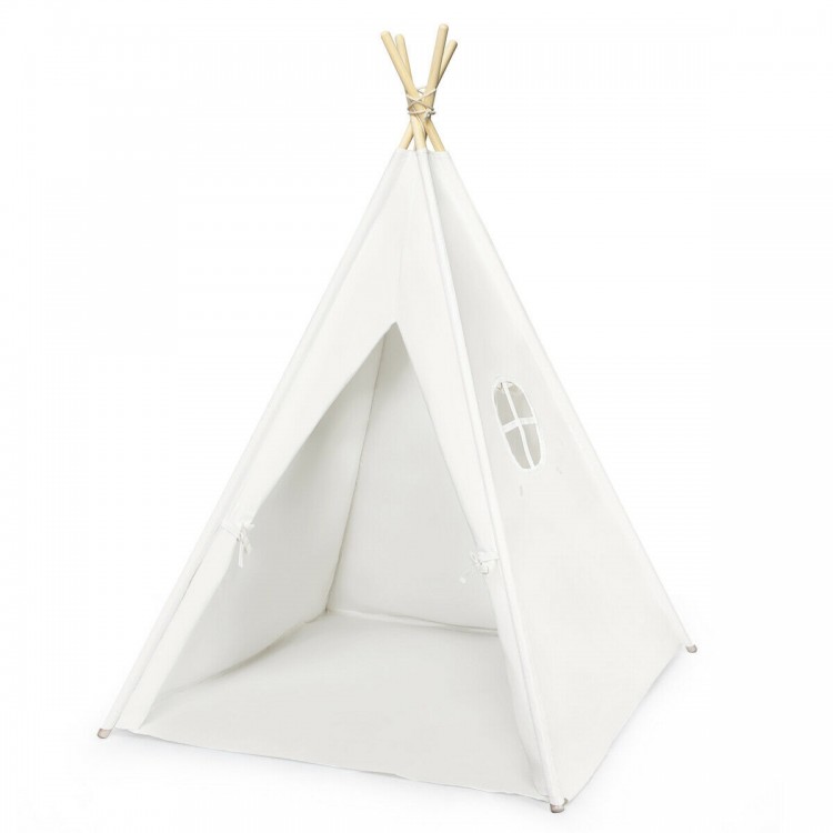 5.5 ft children's play tent in white with side window, featuring durable cotton canvas and easy assembly for.