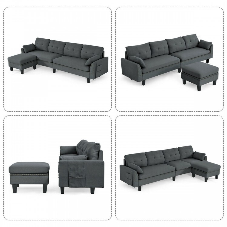 Reversible L-shaped sectional sofa couch in gray with movable ottoman, ideal for living room or office space.