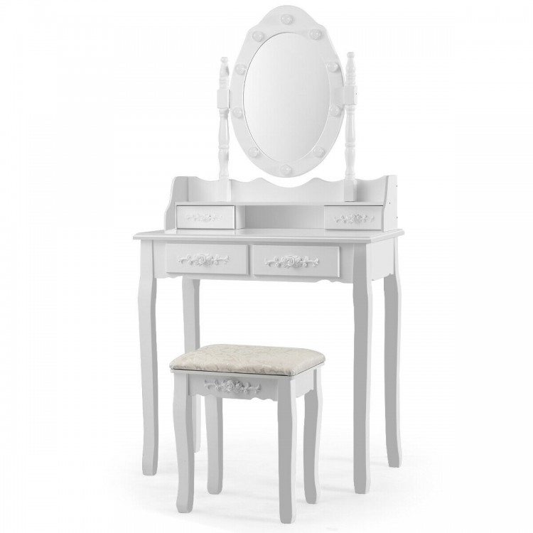 White makeup vanity dressing table set with a cushioned stool, highlighting the elegant design and large storage.
