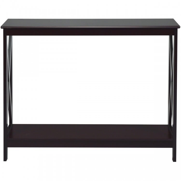 Dark brown 2-tier console table with X-design, crafted from durable P2 MDF, ideal for living rooms and entryways.