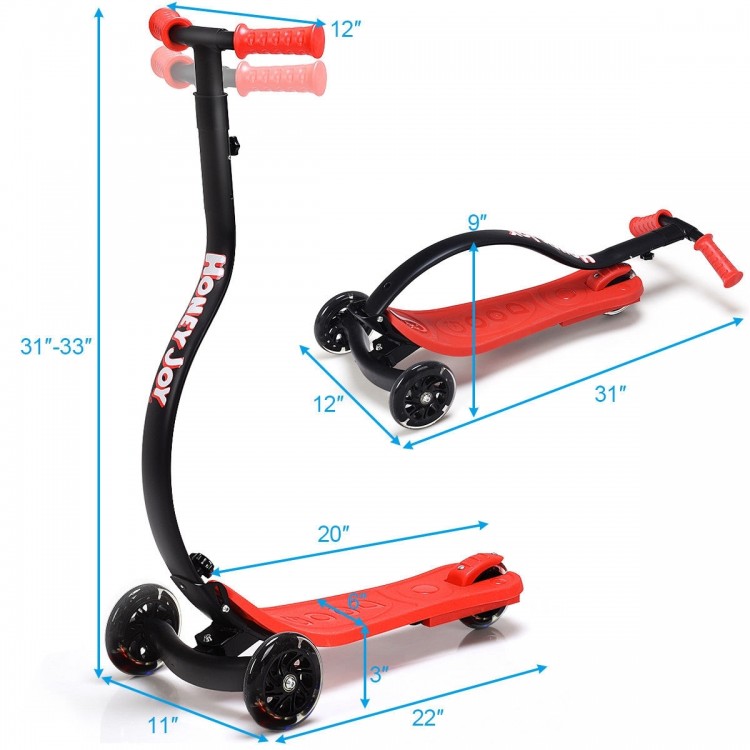 Folding kids scooter in red with adjustable T-bar, wide deck, and PU flashing wheels, perfect for learning balance.