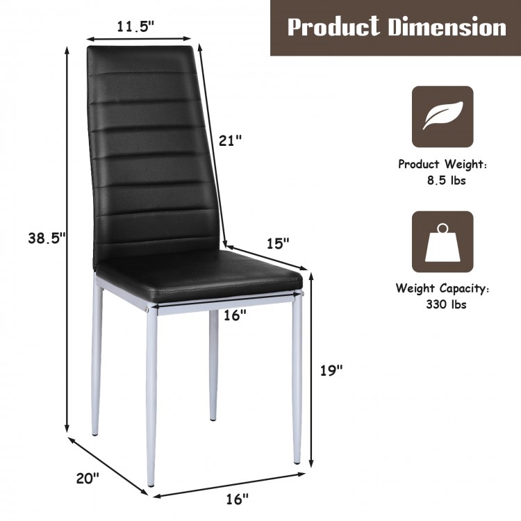 Black PVC leather dining side chair with painted steel legs, showcasing dimensions and weight capacity for elegant.