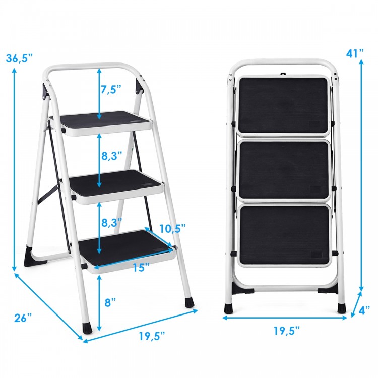 Folding 3-step ladder with handgrip, anti-slip platform, and stable triangular structure for home or office use.