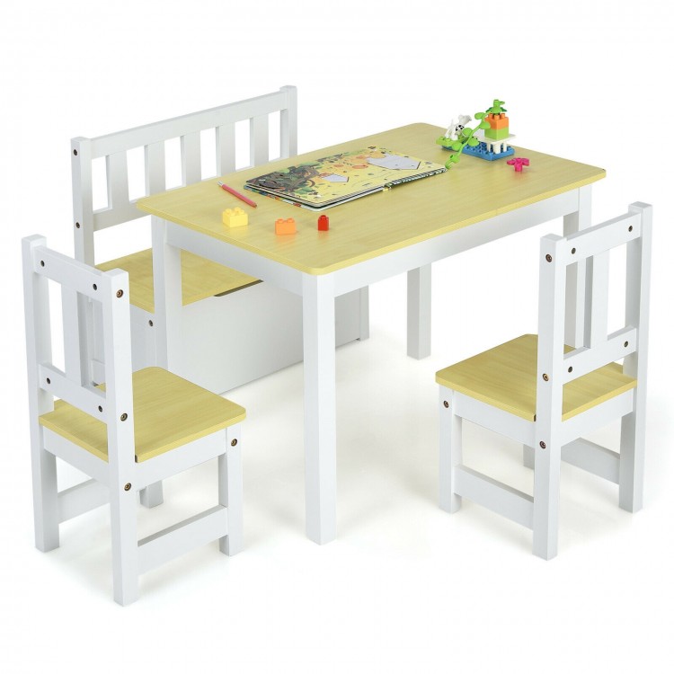 Kids wooden activity table set with two chairs and storage bench, perfect for playtime and learning.