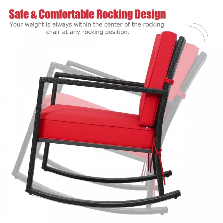 Red patio rattan rocking chair with thick cushions, sturdy metal frame, designed for outdoor comfort and safety.