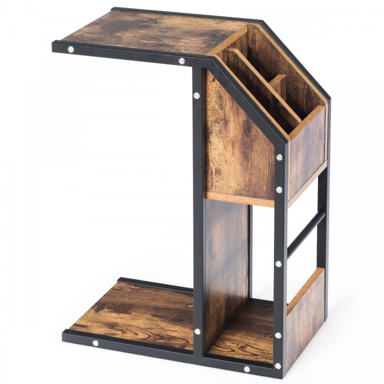 C-shape industrial snack end table with storage, made of particle board and metal, perfect for living room organization.