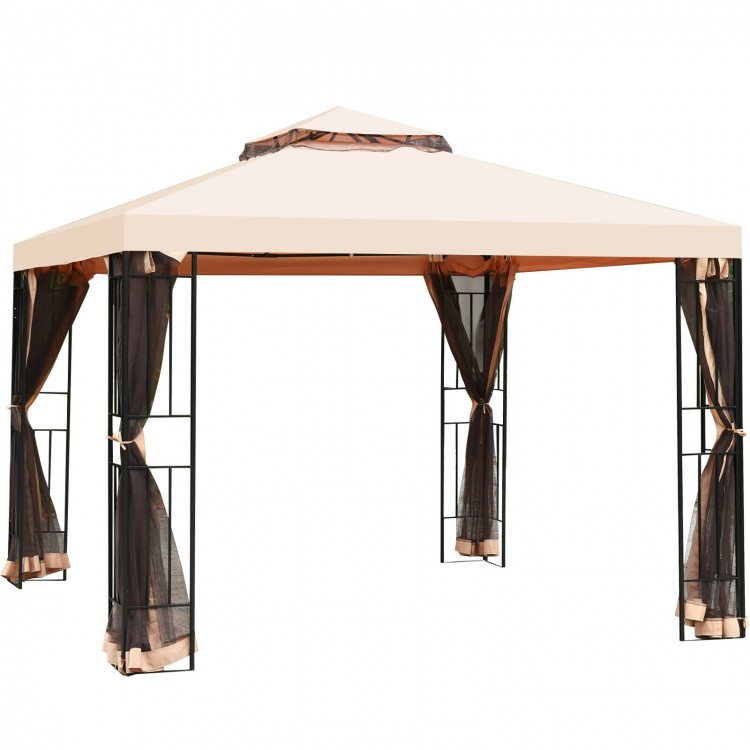 10 x 10 feet 2-tier vented metal canopy with mosquito netting, featuring a light brown polyester top for outdoor events.