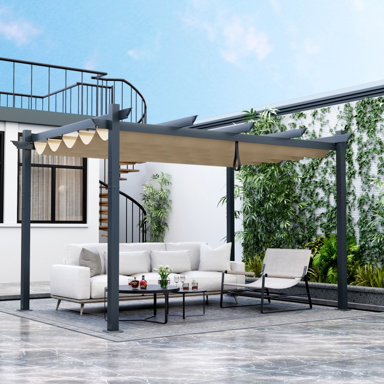 Outdoor aluminum retractable pergola canopy in beige, featuring a robust frame and large 10' x 13' shade for garden.