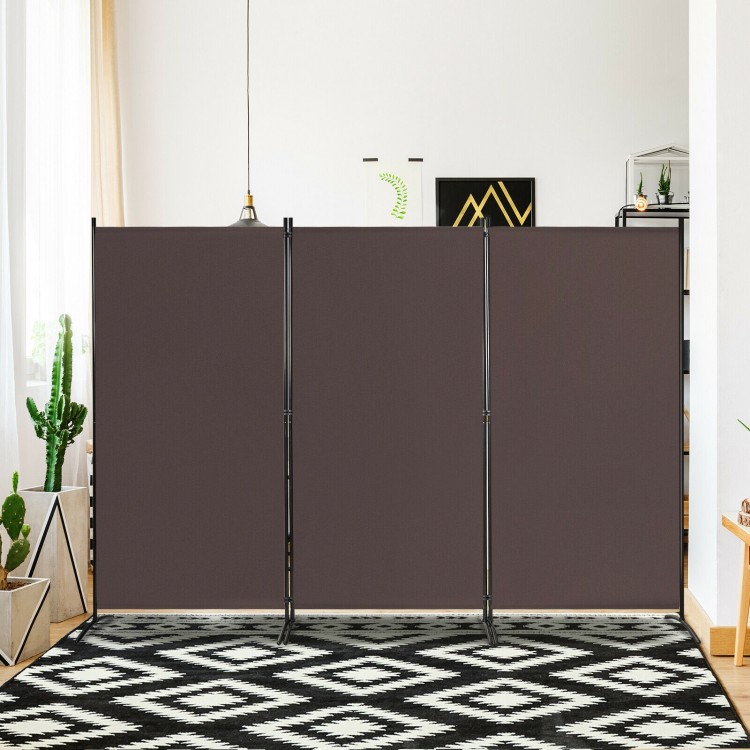 3-panel folding room divider in brown, made of polyester fabric and steel, ideal for creating private spaces in homes.