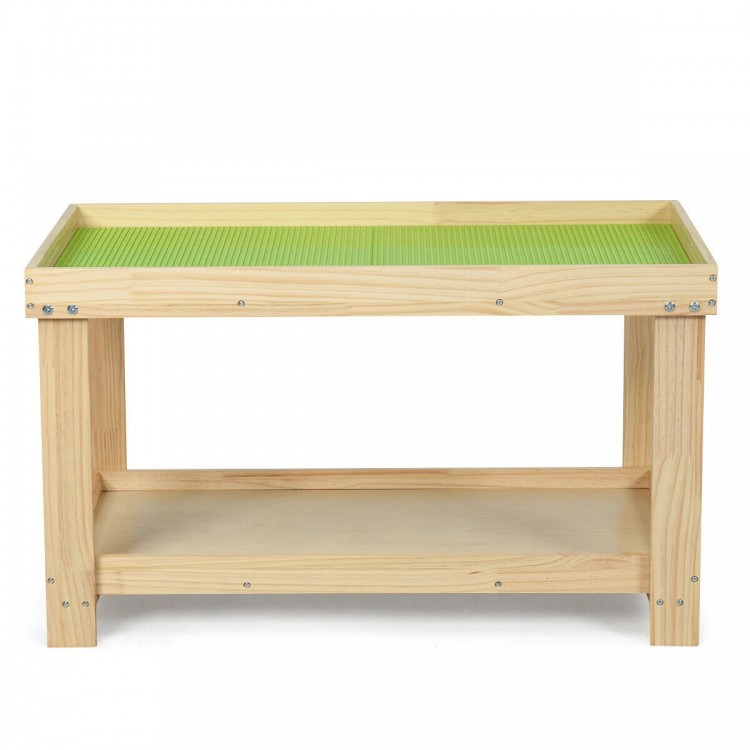 Solid natural pine wood kids activity play table with removable top and double storage for toys and learning activities.