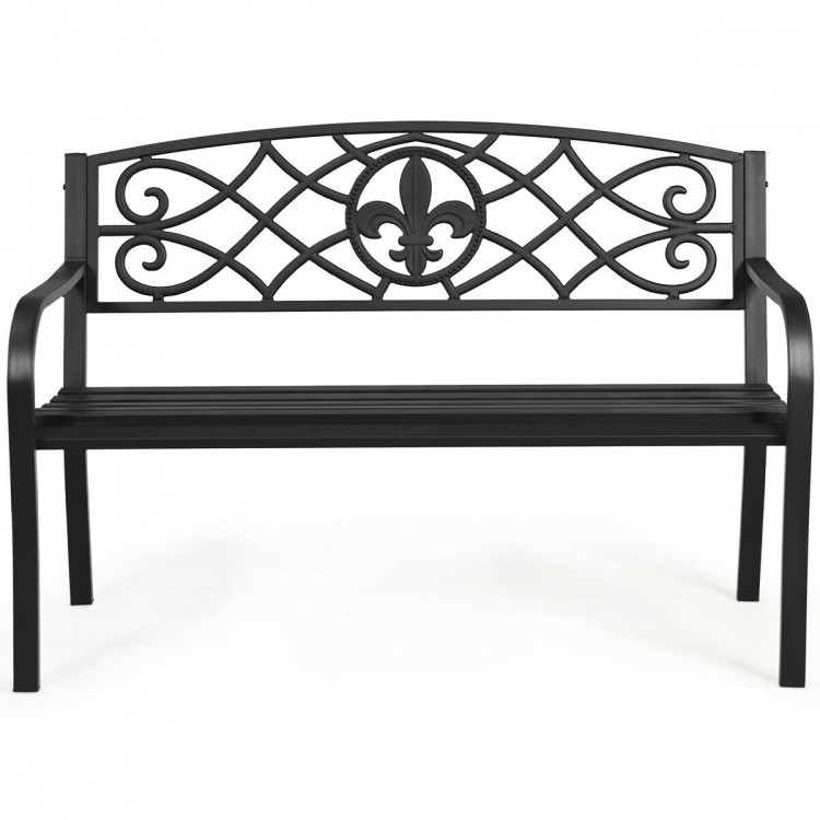 50-inch heavy-duty metal garden bench with a modern backrest, ideal for outdoor spaces like patios and balconies.