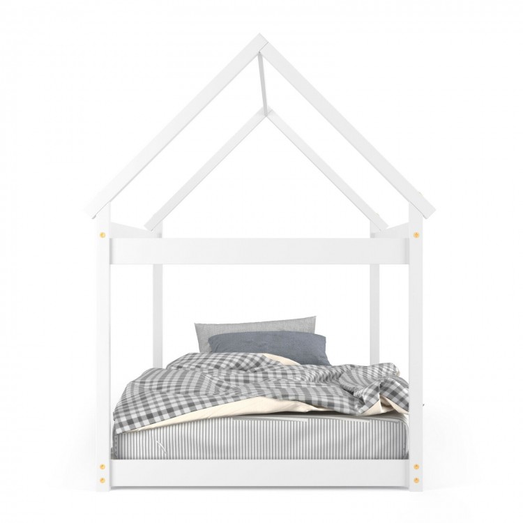 Stable kids platform floor bed with roof in white, featuring sturdy wooden frame and heavy-duty slats for durability.