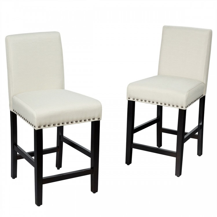 Set of two 25-inch beige kitchen chairs with rubber wood legs, featuring soft cushions and ergonomic backrests for.