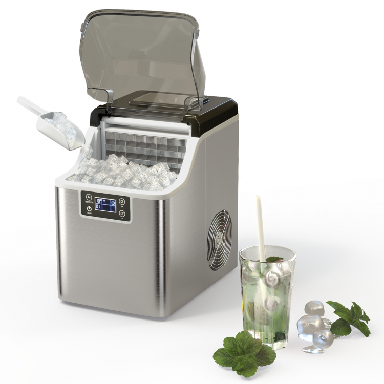 Electric portable countertop ice maker in silver with ice scoop, producing 40 LBS of square ice daily for home use.