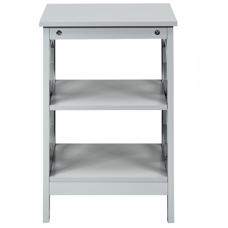 Gray 3-tier nightstand with two open compartments for storage, perfect for living room or bedroom decor.