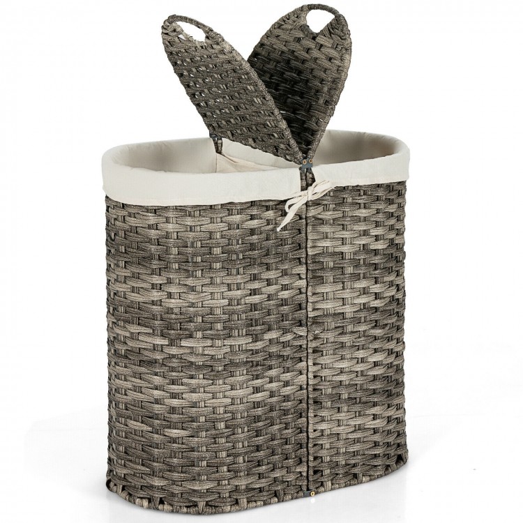 Handwoven gray laundry hamper basket with two removable liner bags, perfect for organizing clothes in any room.
