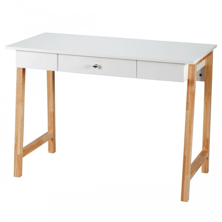White computer desk with rubberwood legs, featuring a large drawer, perfect for home offices and study rooms.