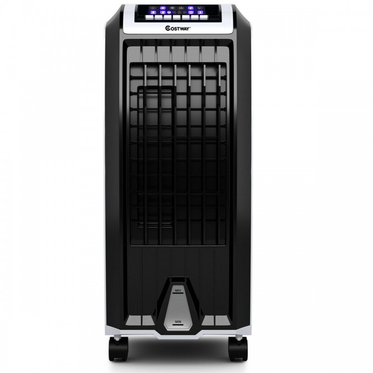 Portable evaporative air cooler with LED control panel, 3 wind modes, and 4 caster wheels for easy mobility in home or.