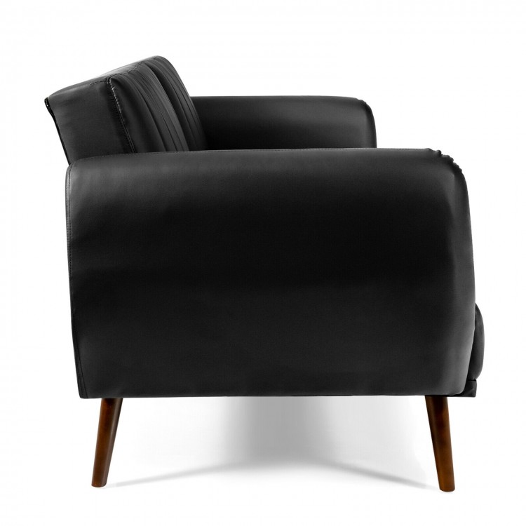 Side view of a black 3 seat convertible sofa bed with adjustable backrest, ideal for small apartments and versatile use.