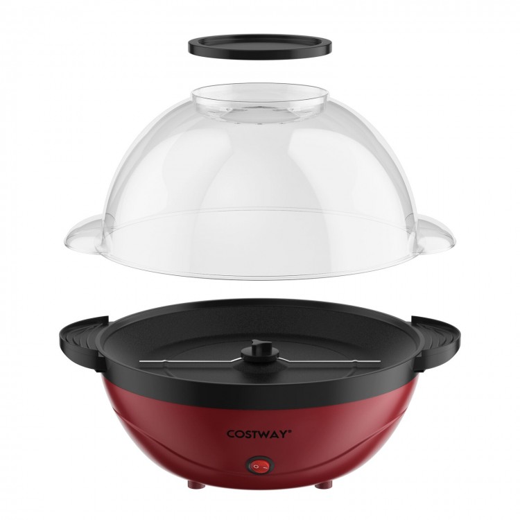 6QT stirring popcorn popper in red with a nonstick plate and lid that doubles as a serving bowl for easy entertaining.