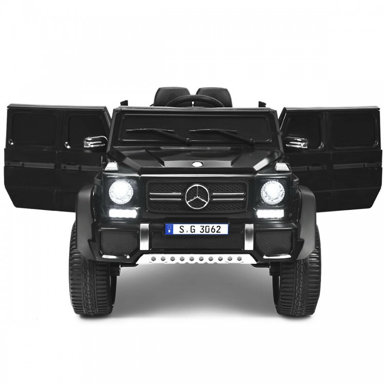 Licensed Mercedes-Benz kids ride-on car in black with open doors, LED lights, and parental remote control mode.