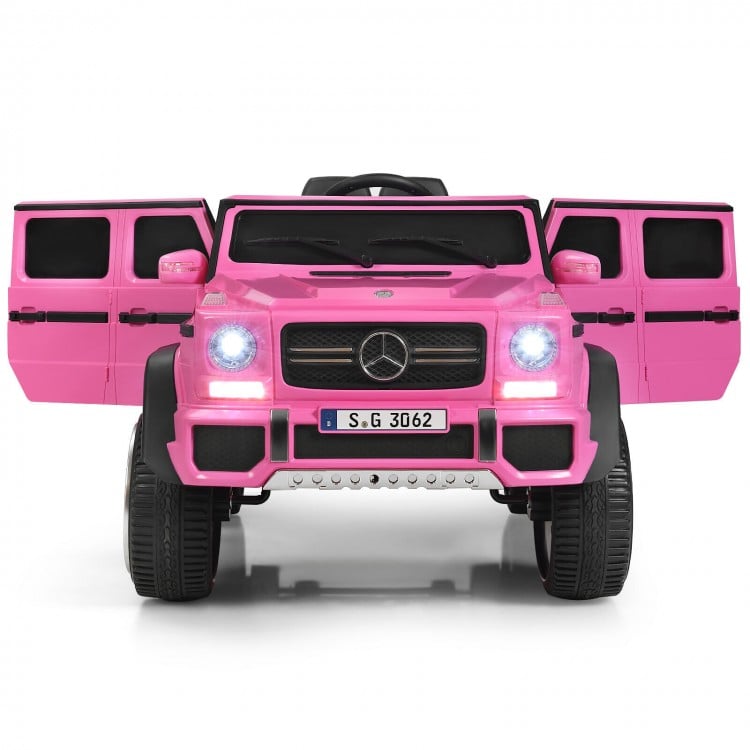 Pink licensed Mercedes-Benz kids ride-on car with opening doors, LED lights, and parental remote control for safe fun.