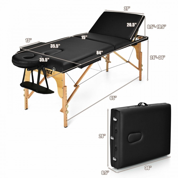 Portable adjustable massage table in black with a sturdy beech frame, featuring a foldable design and included carrying.