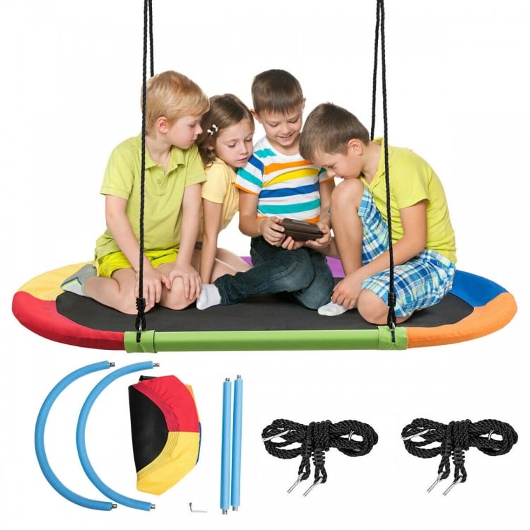 Multicolor 60-inch saucer swing with adjustable ropes, accommodating multiple children for outdoor fun and relaxation.