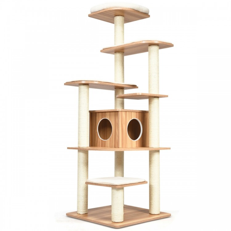 Wooden cat tree with 6 platforms and sisal posts, featuring a cozy condo for climbing, scratching, and playful lounging.