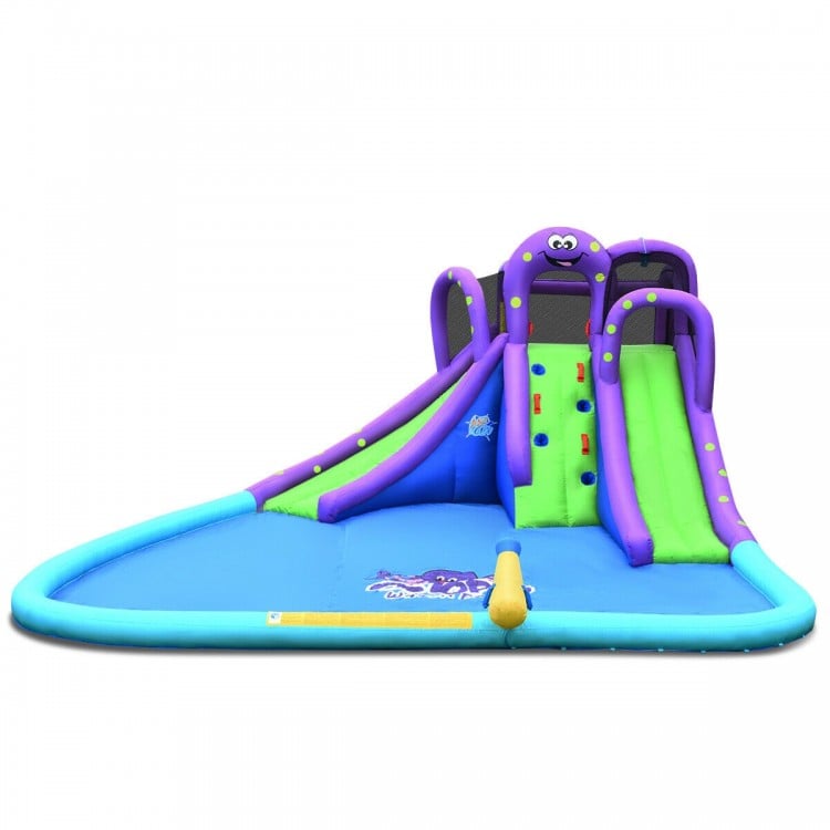 Inflatable water park featuring a tall slide, splashing pool, and octopus design for backyard summer fun.