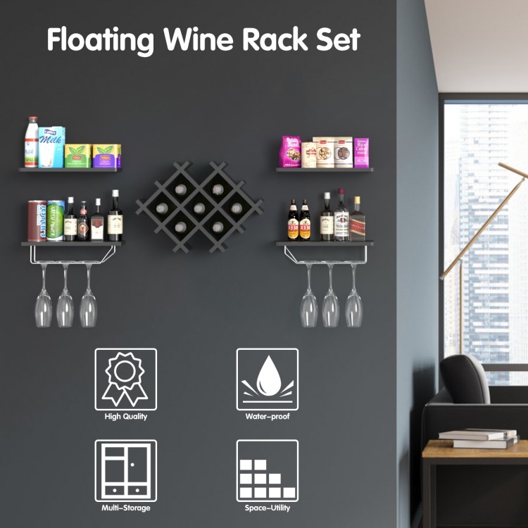 Wall-mounted wine rack set in black with shelves, storing eight bottles and displaying glasses, plants, and decor.