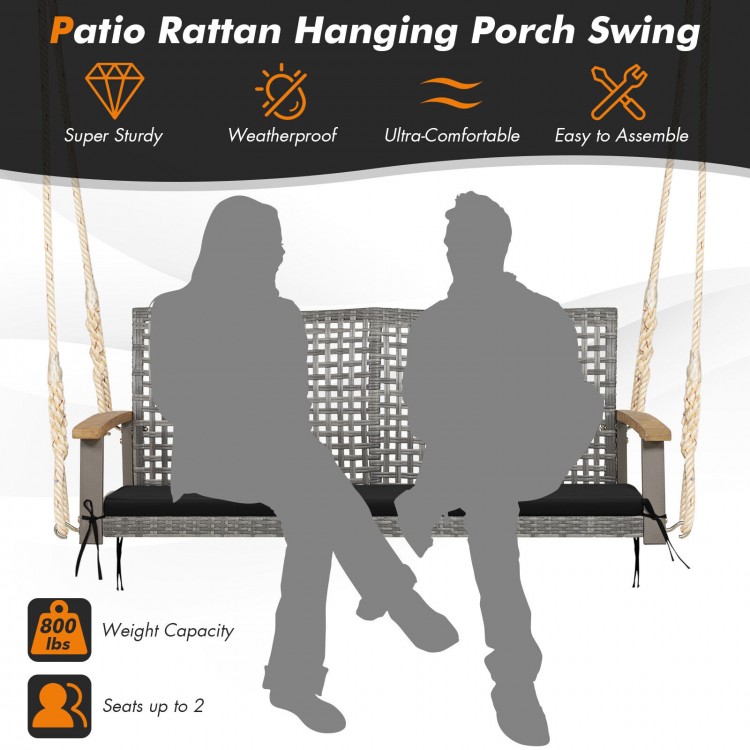 2-person patio wicker hanging swing chair in black with acacia wood armrests, weather-resistant PE rattan, ideal for.