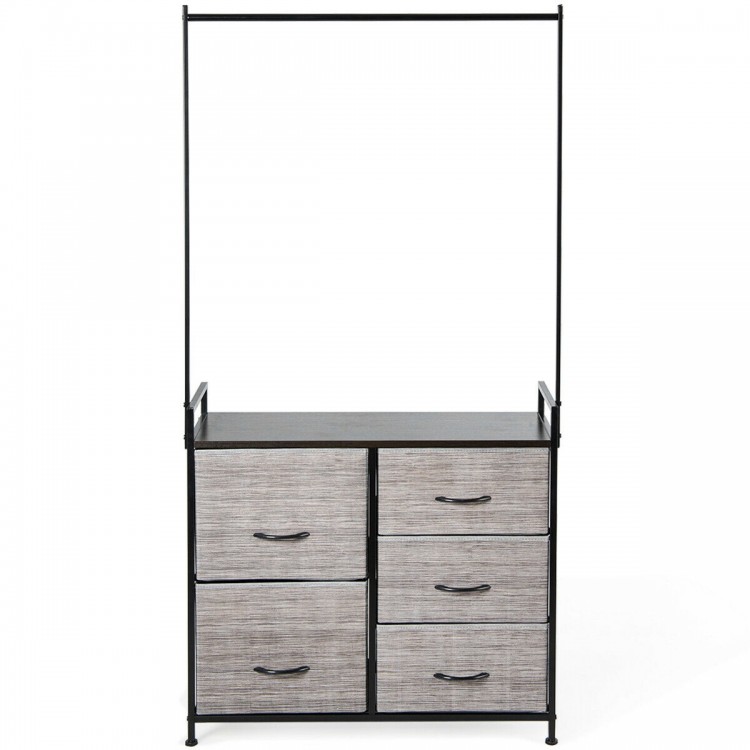 5-drawer fabric dresser with a sturdy metal frame, showcasing a spacious wooden top for additional storage options.