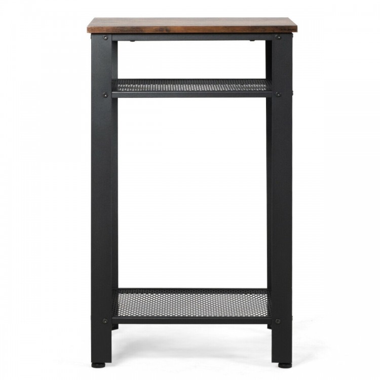 Industrial end table with a rustic top and metal mesh shelves, showcasing a sturdy frame and adjustable feet for level.