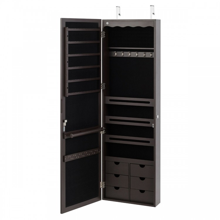 Lockable coffee jewelry cabinet armoire with 5 LED lights and 6 drawers, ideal for organized storage and space-saving.