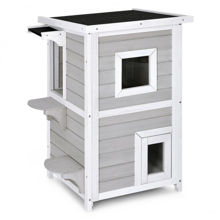 2-story wooden cat house made of firwood with escape door and rainproof asphalt roof, ideal for indoor and outdoor use.