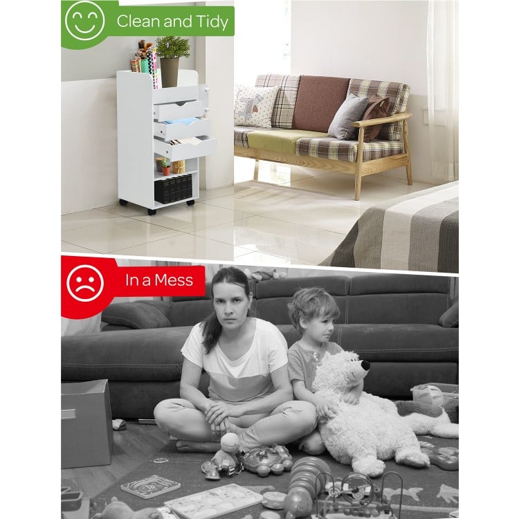 Wooden utility rolling craft storage cart in white with three drawers and shelves, perfect for compact spaces and easy.