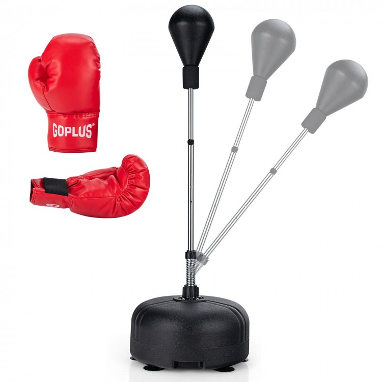 Freestanding adjustable punching bag with boxing gloves, featuring a durable base and 4 height settings for all ages.