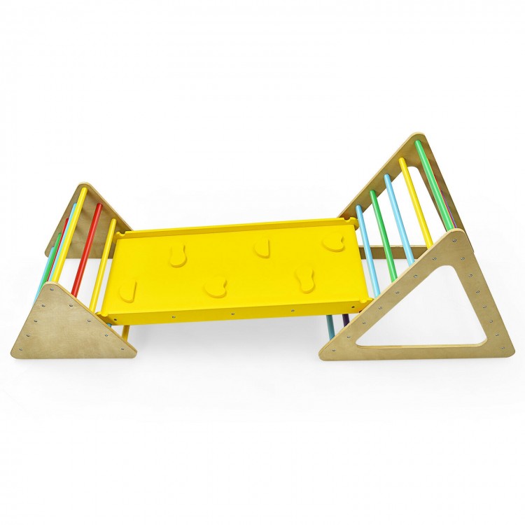 3-in-1 wooden triangle climber set with ramp, designed for stability and safety, perfect for kids' play and motor skill.