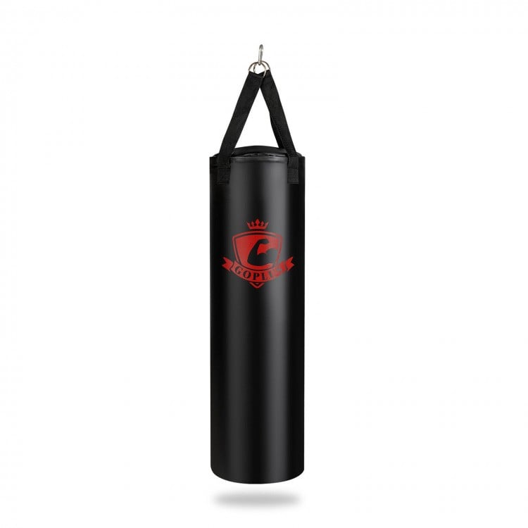 Filled punching bag set with durable PVC leather, includes gloves and hand wraps, ideal for indoor workouts and stress.