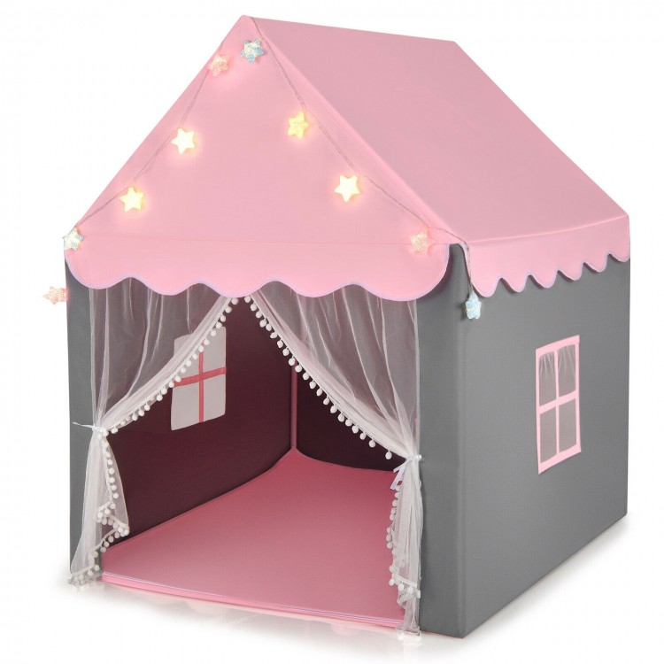 Kids playhouse tent in pink with star lights, mesh windows, and a comfortable mat, perfect for indoor play.