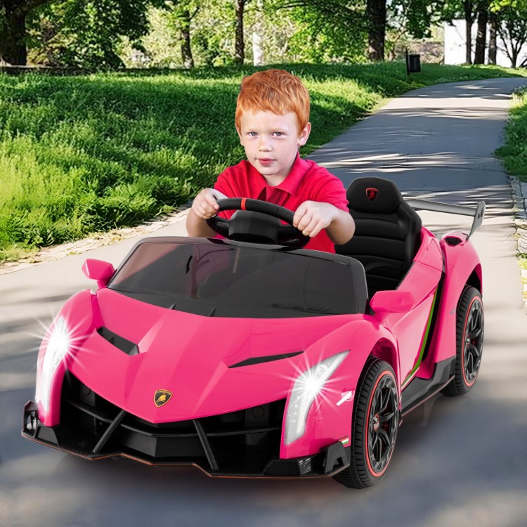 Pink 12V Lamborghini kids ride-on car with realistic driving mode, LED headlights, and parental control features for.