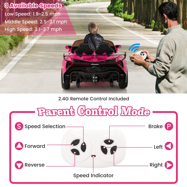12V licensed pink Lamborghini kids ride-on car with remote control, featuring 3 speeds and realistic driving mode for.