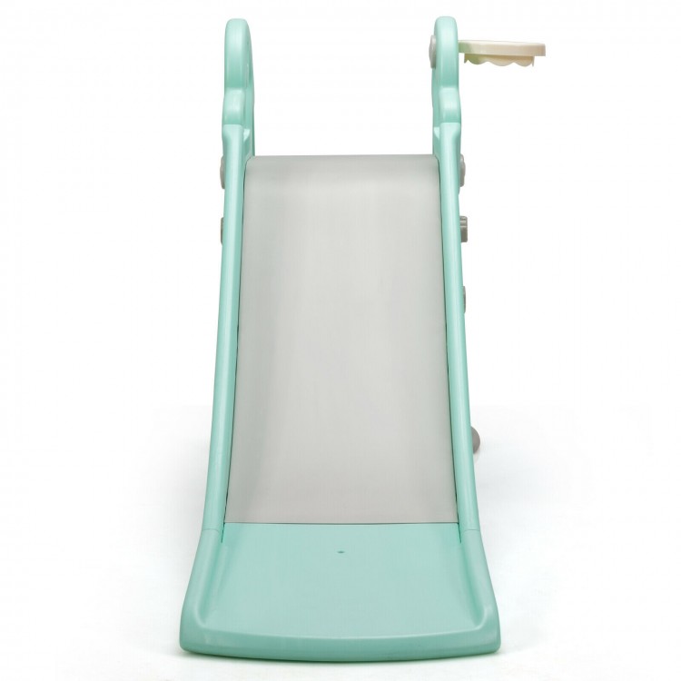 Kids climber slide play set in green with a smooth slide, climbing ladder, and basketball hoop for safe outdoor fun.